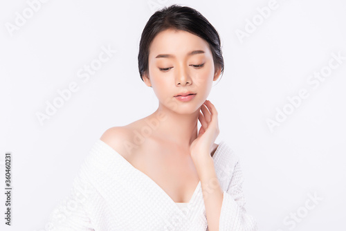 Beautiful Young Asian Woman touching her body with fresh Healthy Skin, isolated on white background, Beauty Cosmetics and Facial treatment Concept.