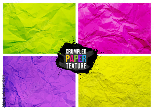 Set of crumpled paper texture. Realistic wrinkled sheet. Colored crumpled paper abstract background texture. Vector illustration. Isolated on white background.
