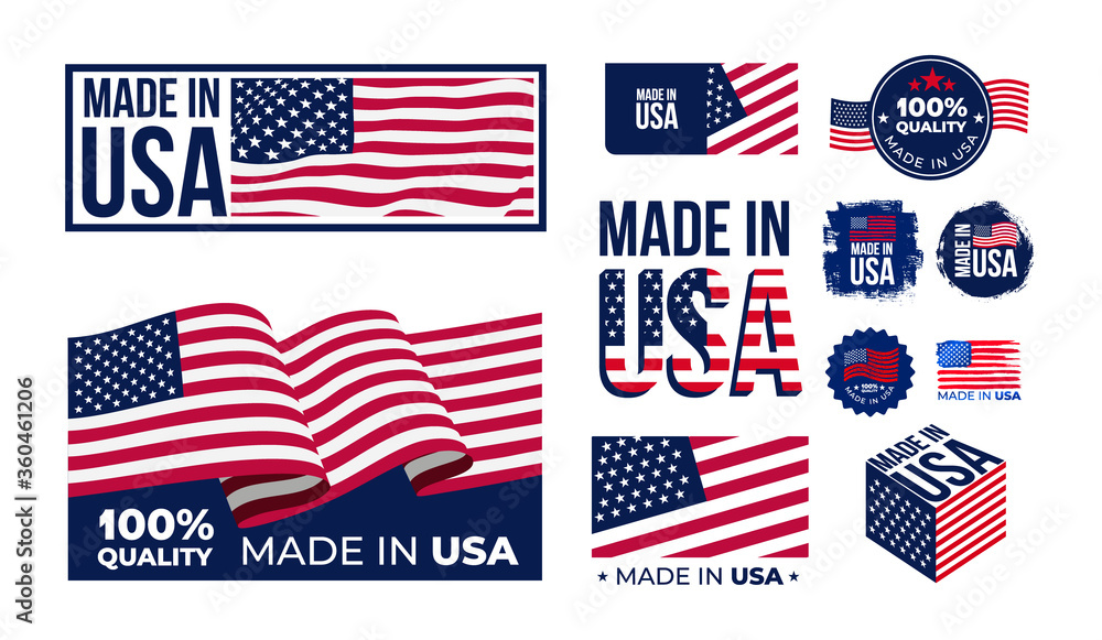 Set of Made in USA badges. Patriot proud label stamp, American flag and national independence day 4th july badges. Vector illustration. Isolated on white background. Set of Made in USA badges. Patriot proud label stamp, American flag and national independence day 4th july badges. Vector illustration. Isolated on white background.