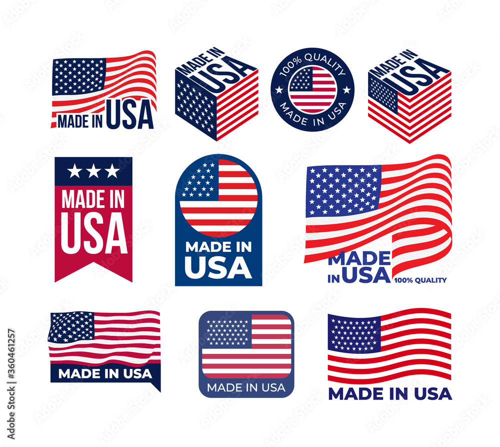 Set of Made in USA logo and label. US icon with flags of the United States of America for packaging products. Vector illustration. Isolated on white background. Set of Made in USA logo and label. US icon with flags of the United States of America for packaging products. Vector illustration. Isolated on white background.