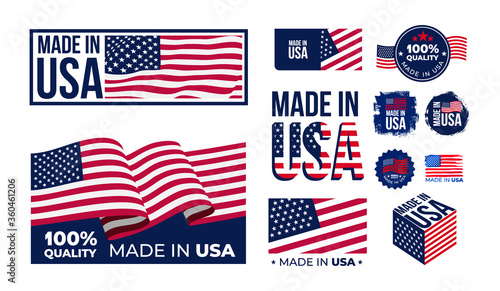 Set of Made in USA badges. Patriot proud label stamp, American flag and national independence day 4th july badges. Vector illustration. Isolated on white background.