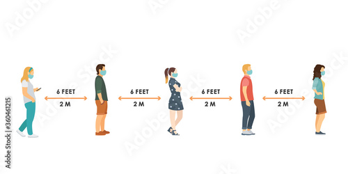 social distance. Full length of cartoon sick people in medical masks standing in line against at a safe distance of 2 meters or 6 feet. flat vector illustration