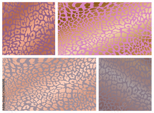 Set of rose gold leopard texture pattern design. Stylised spotted leopard skin background for fabric, print, poster, t-short, fashion, wallpaper. Vector illustration. Isolated on white background.