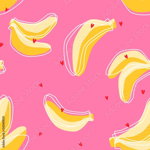 Colorful sunny yellow and baby pink banana vector seamless pattern with red heart and linear exotic fruit silhouette for girl clothing textile print. 