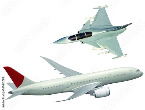 Realistic vector illustartion of fighter jet and passenger plane
