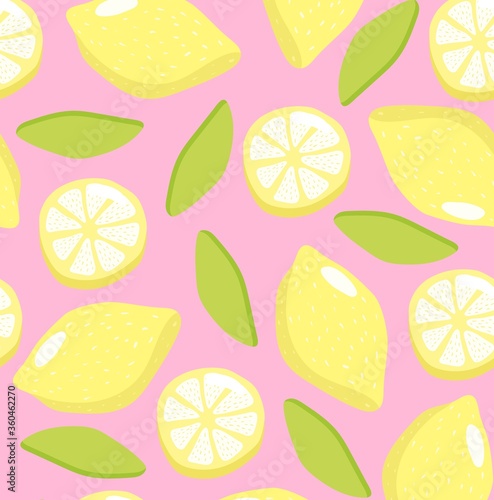 Vector seamless summer tropical fruit pattern of yellow colored lemon with leaves isolated on pink background