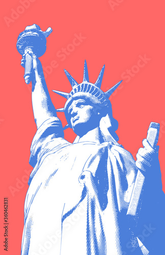 Retro art of Lady Liberty vector illustration on red BG