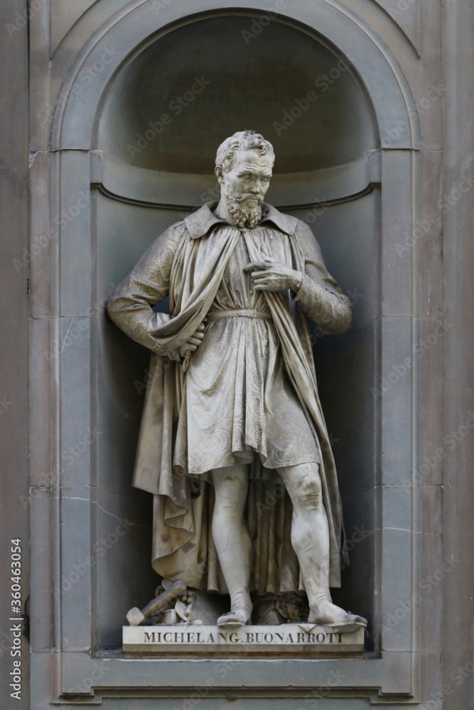 Statue of Michelangelo Buonarroti, outdoor the uffizi museums, touristic place, florence, italy
