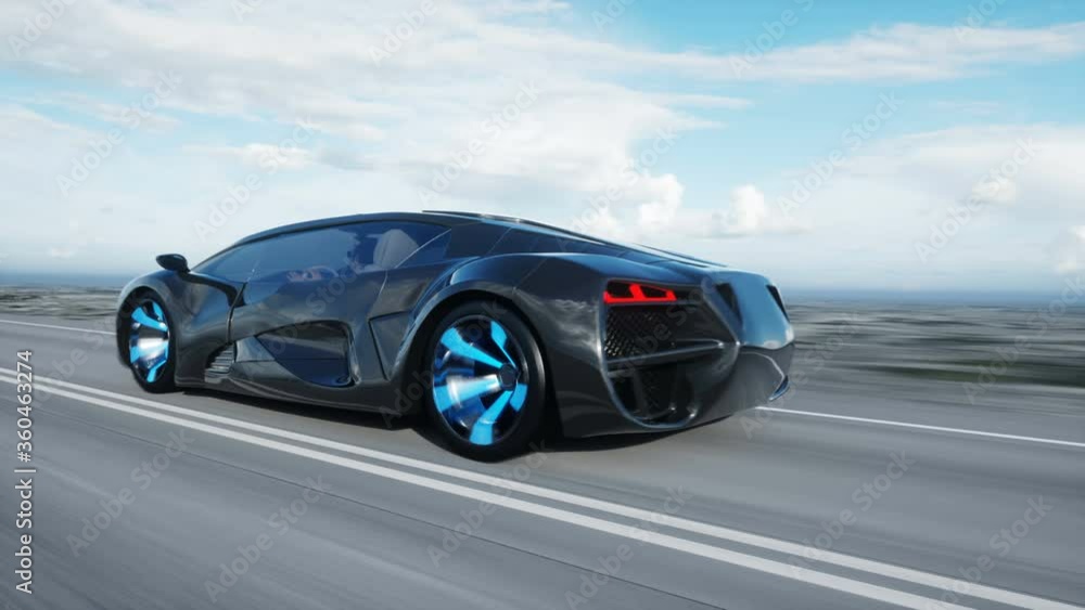 black futuristic electric car on highway in desert. Very fast driving. Concept of future. Realistic 4k animation. black futuristic electric car on highway in desert. Very fast driving. Concept of future. Realistic 4k animation.