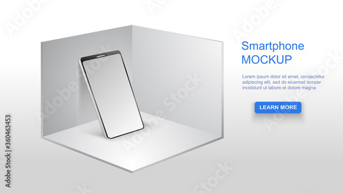 Realistic smartphone mockup in the corner of a white room, box, podium. 3d modern phone with blank screen for template. Vector illustration