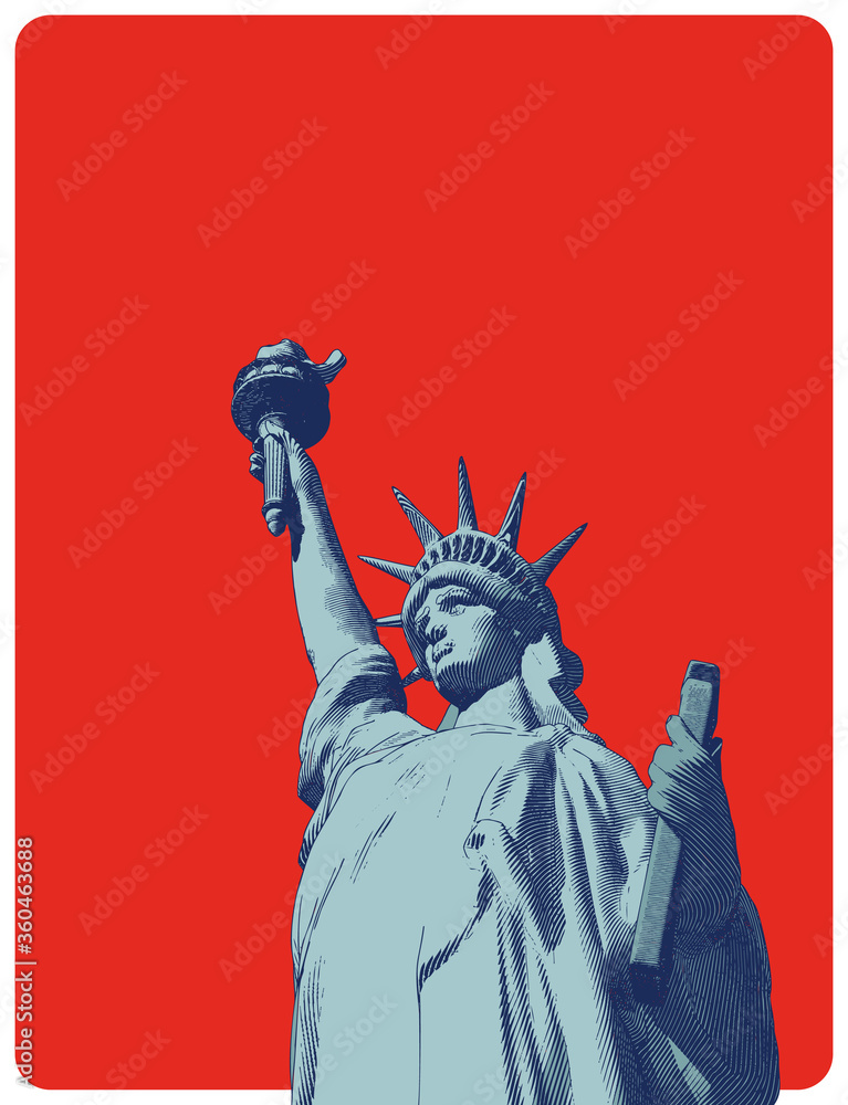 Obraz premium Retro engraving of lady liberty illustration isolated on red BG
