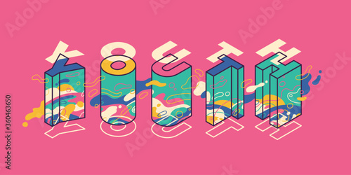 Youthful banner design in modern style with isometric typography and colorful abstract shapes. Vector illustration.