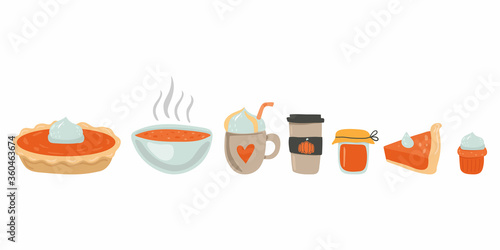 Pumpkin food set. Whole pie and slice, spice latte and soup, cupcake and jam. Autumn collection of pumpkins dishes. Colorful doodle vector isolated collection