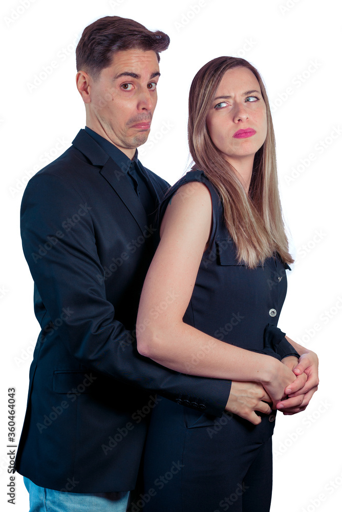 Young couple making suspicion gestures on a white background Young couple making suspicion gestures on a white background
