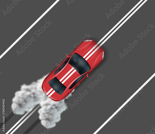 Top view of sports car on asphalt road. Red auto driving on the median strip