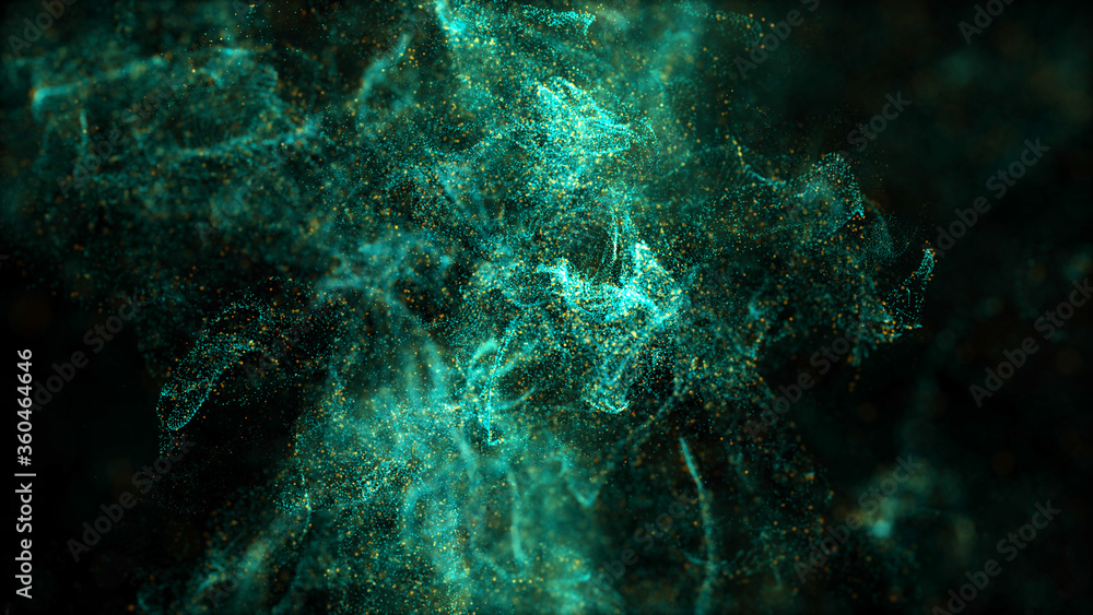 3d render of asbtract fractal particles field. Detailed chaotic fluid motion simulation. 