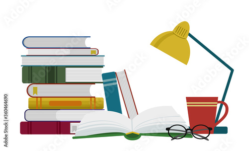 A stack of books and an open book, glasses, a cup and a table lamp. Full color vector illustration isolated on white background.