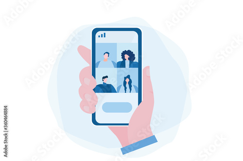 Meeting , video conference on a mobile phone. Vector illustration for web banner, infographics, mobile. Cloud Meetings.