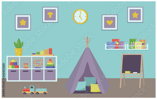 interior of a children's room with toys and a wigwam and a blackboard in a flat style