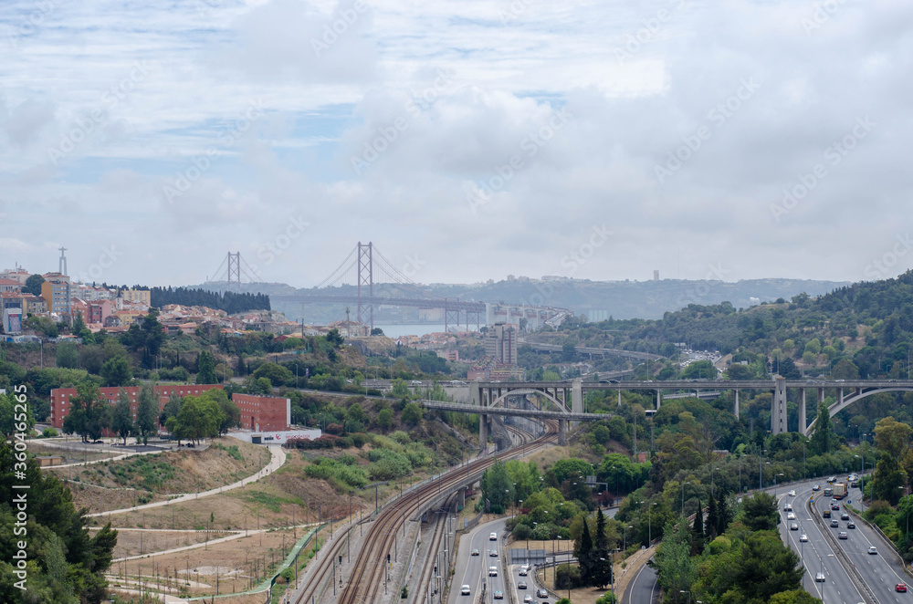 View to the Lisbon and 25th april bridge from the top view point. Portugal landscape