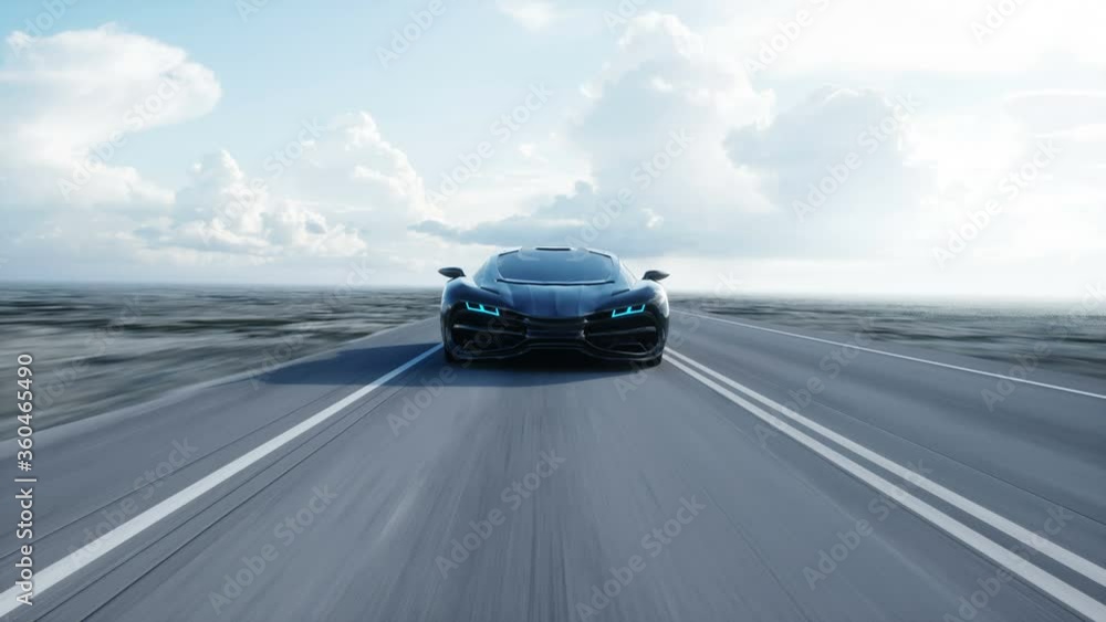black futuristic electric car on highway in desert. Very fast driving. Concept of future. Realistic 4k animation.