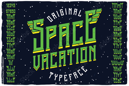Vintage label font named Space Vacation. Strong typeface with capital and small letters and numbers for any your design like posters, t-shirts, logo, labels etc.