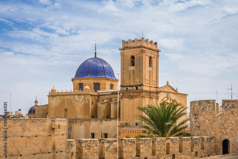 Blue dome and bell tower of the Santa María Basilica of Elche, Alicante, Valencia, Spain, Europe