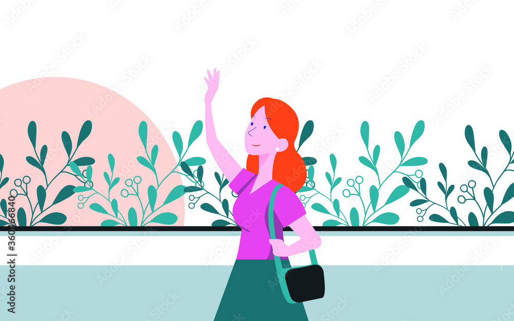 a lady holds the bag on her shoulder, and with the other hand she greets someone, and on the fence there are flowers, vector, cartoon.