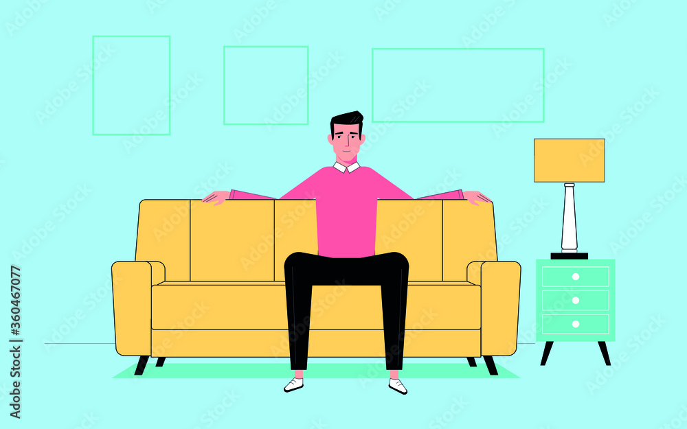 Mr. is sitting on a yellow sofa, in the room there is a bedside table and a lamp,the man feels relaxed on the sofa,vector,cartoon. Mr. is sitting on a yellow sofa, in the room there is a bedside table and a lamp,the man feels relaxed on the sofa,vector,cartoon.