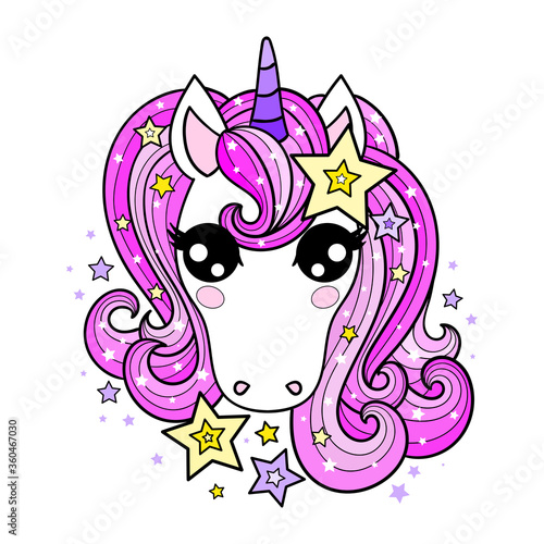 The head of a unicorn with a pink mane. Children s design. Vector