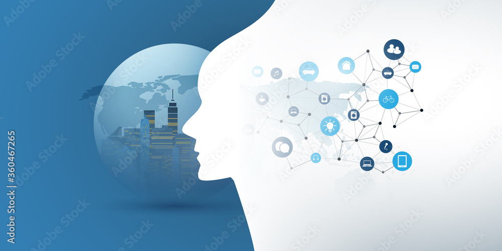 Smart City, Automated Digital Control, Deep Learning, Artificial Intelligence and Future Technology Concept Design with Cityscape in a Globe, and Human Head Silhouette - Vector Illustration