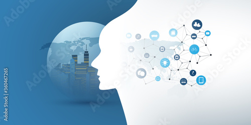 Smart City, Automated Digital Control, Deep Learning, Artificial Intelligence and Future Technology Concept Design with Cityscape in a Globe, and Human Head Silhouette - Vector Illustration