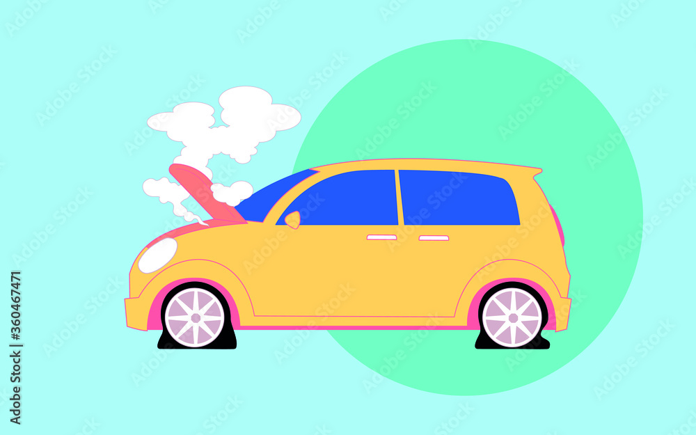the orange car sits with the hood open, under the hood smoke comes out,the car broke down,illustration,cartoon.
