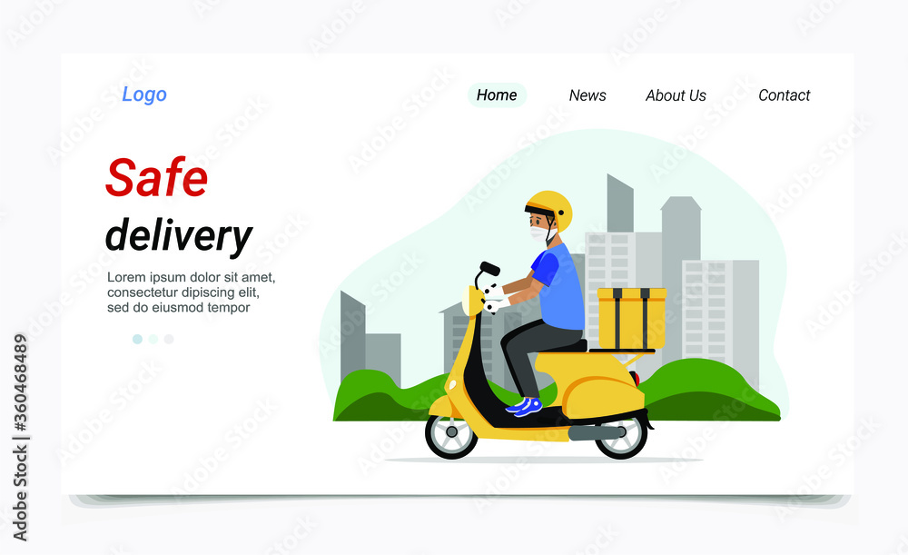 Website template, landing page. Courier on a scooter Website template, landing page. Courier on a scooter