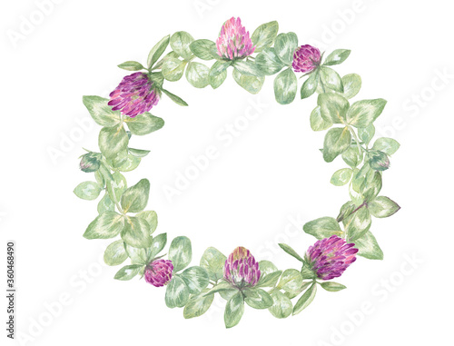 Fresh and beautiful wreath of clover leaves and flowers. Just picked from the meadow  Watercolor illustration. Great as design for wedding invitations and greeting gift cards. 