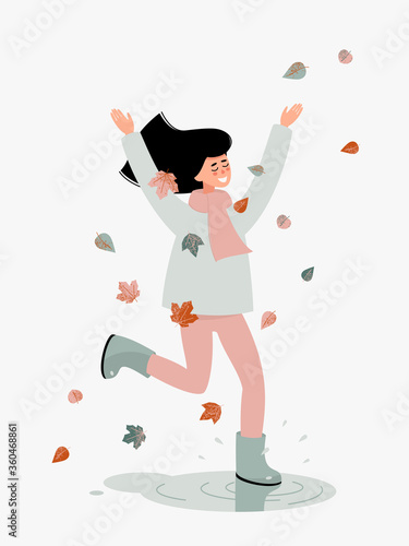 Vector happy brunette woman walking and smiling with leaves in the autumn