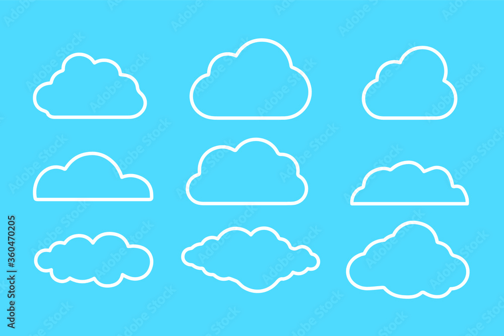 Set of clouds isolated on blue background. Weather signs. White paper stickers. Collection of clouds icon. EPS 10 Set of clouds isolated on blue background. Weather signs. White paper stickers. Collection of clouds icon. EPS 10