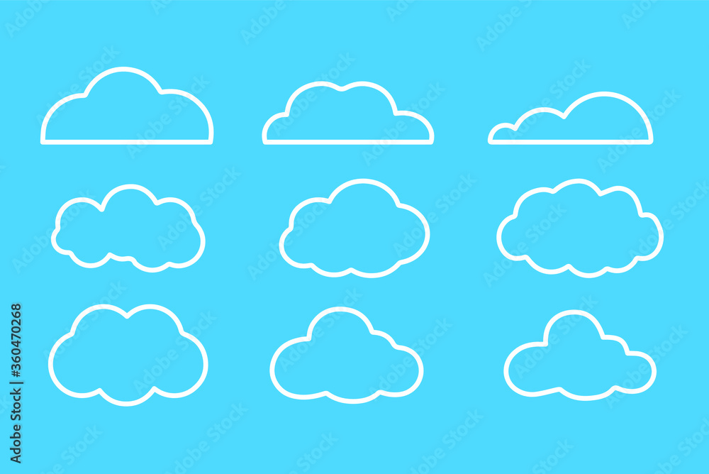 Set of clouds isolated on blue background. Weather signs. White paper stickers. Collection of clouds icon. EPS 10 Set of clouds isolated on blue background. Weather signs. White paper stickers. Collection of clouds icon. EPS 10