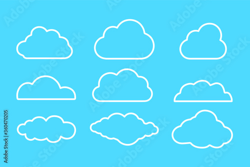 Set of clouds isolated on blue background. Weather signs. White paper stickers. Collection of clouds icon. EPS 10