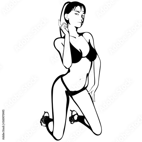 Sexy young girl in a bikini and high-heeled shoes. Woman with beautiful long legs. Isolated vector.