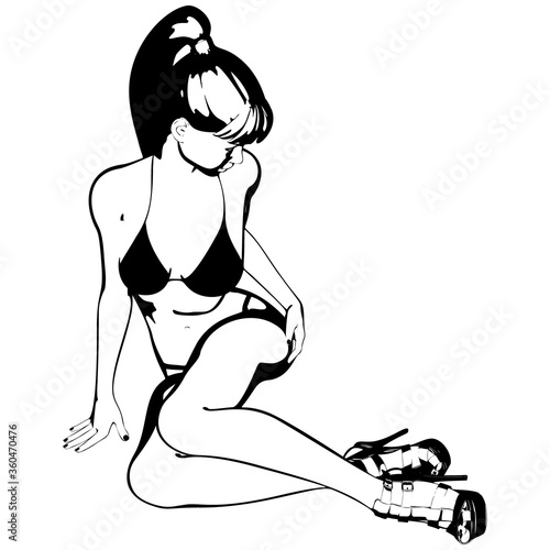 Sexy young girl in a bikini and high-heeled shoes. Woman with beautiful long legs. Isolated vector.