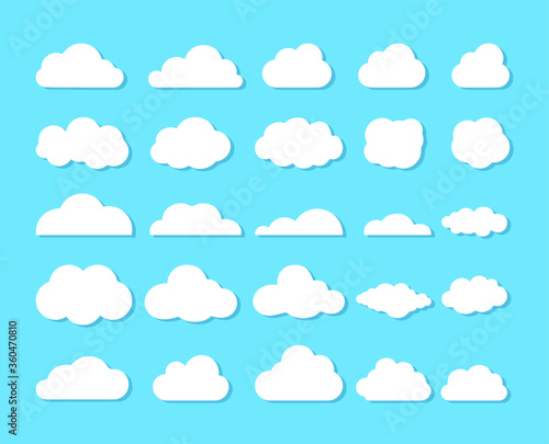 Set of clouds isolated on blue background. Weather signs. White paper stickers. Collection of clouds icon. EPS 10