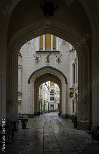 HLUBOKA NAD VLTAVOU  CZECH REPUBLIC. Beautiful renaissance castle Hluboka is an attractive tourist destination in Southern Bohemia. Inside courtyard.