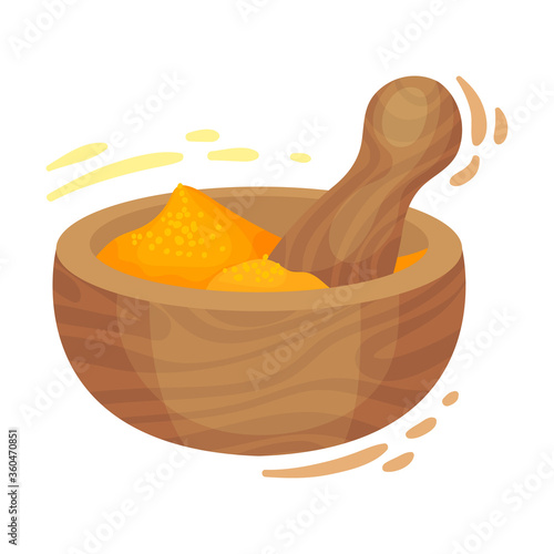 Powdered Dried Turmeric Root in Wooden Bowl with Pestle Vector Illustration