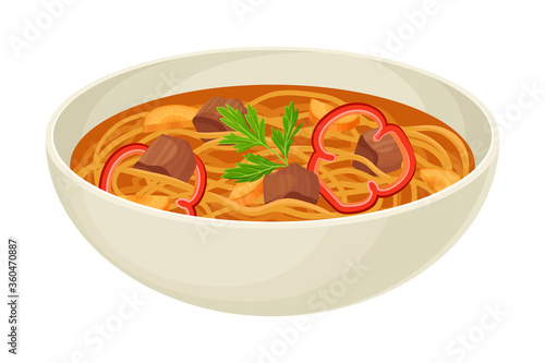 Lagman Dish Composed of Mutton, Vegetables and Long Noodle Poured in Bowl Side View Vector Illustration