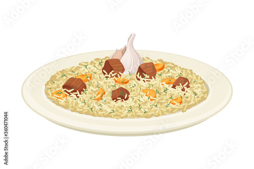 Uzbek Traditional Dish of Rice, Vegetables, Meat and Spices Called Pilaf Side View Vector Illustration