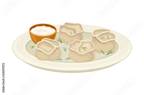 Cooked Dumplings Served on Plate with Greenery and Sauce Side View Vector Illustration
