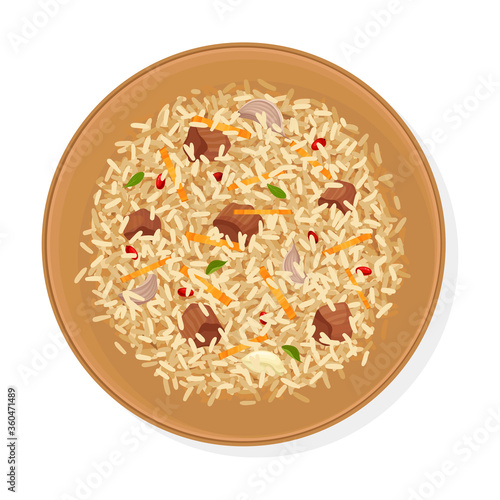 Uzbek Traditional Dish of Rice, Vegetables, Meat and Spices Called Pilaf Top View Vector Illustration