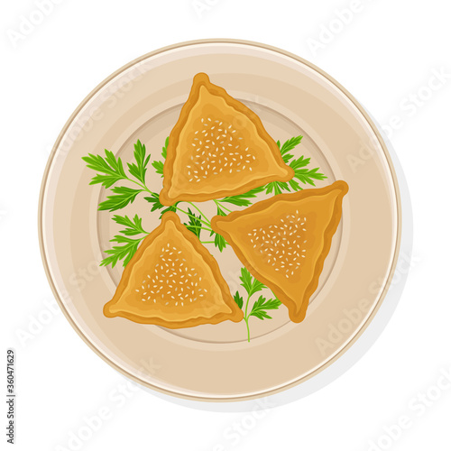Cooked Dumplings Served on Plate with Greenery Top View Vector Illustration