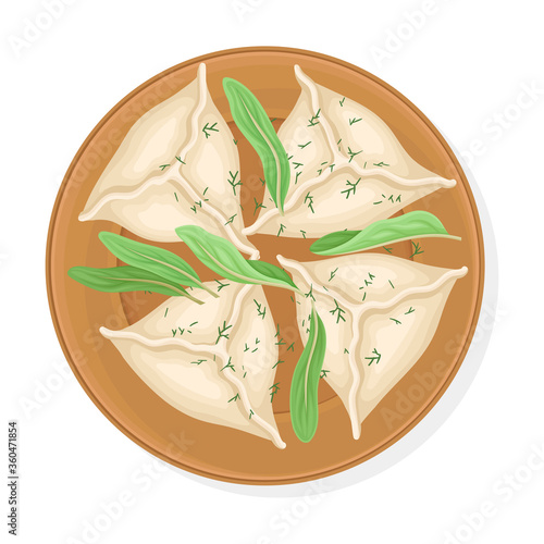 Cooked Dumplings Served on Plate with Greenery and Sauce Top View Vector Illustration